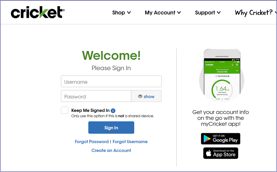 Cricket Quick Pay Account Signing In 