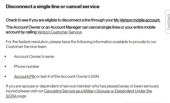 Verizon Wireless remove a line