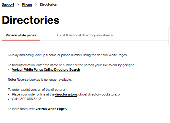 Verizon white pages - Service instructions