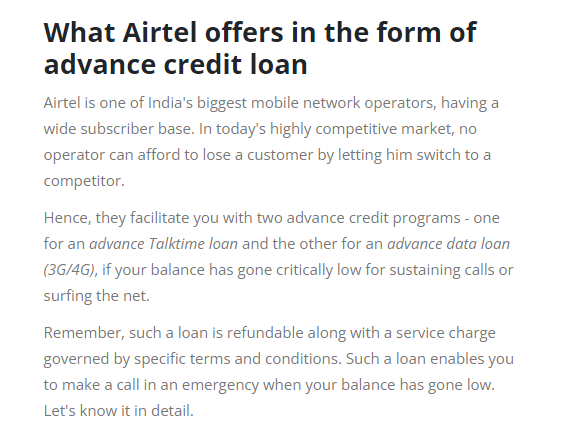 Airtel loan talktime and internet data - advance credit loan