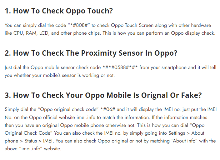 All Oppo mobile dialing secret codes