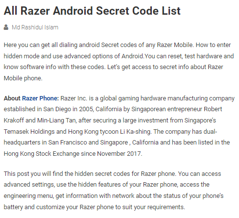 All Razer Android secret code list