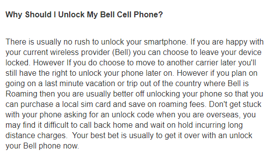 Bell Mobile unlock code -