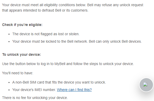 Bell Mobile unlock code