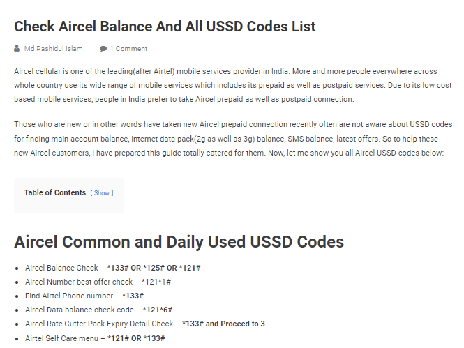 check Aircel balance and All USSD codes list