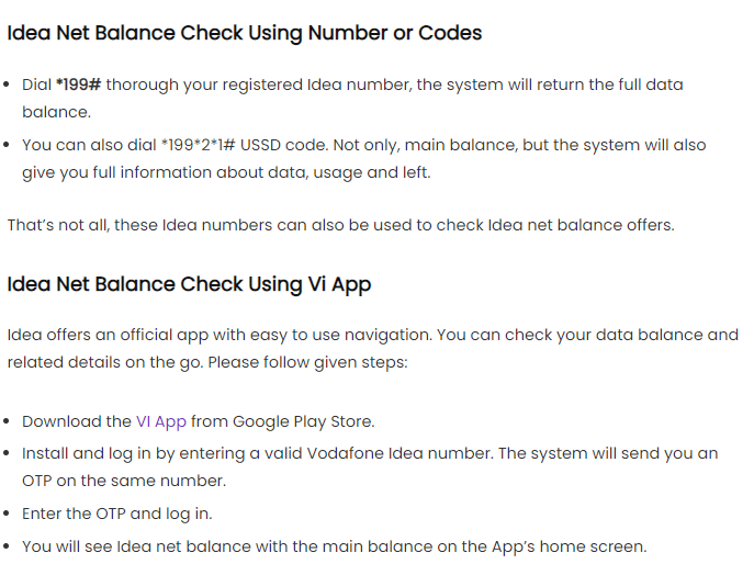 How to check Idea Internet and main balance