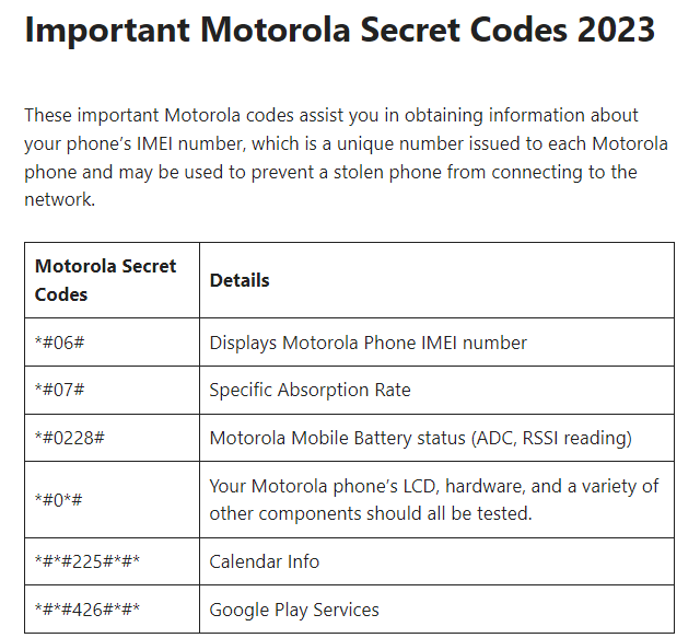 Motorola mobile dialing secret codes - 2023