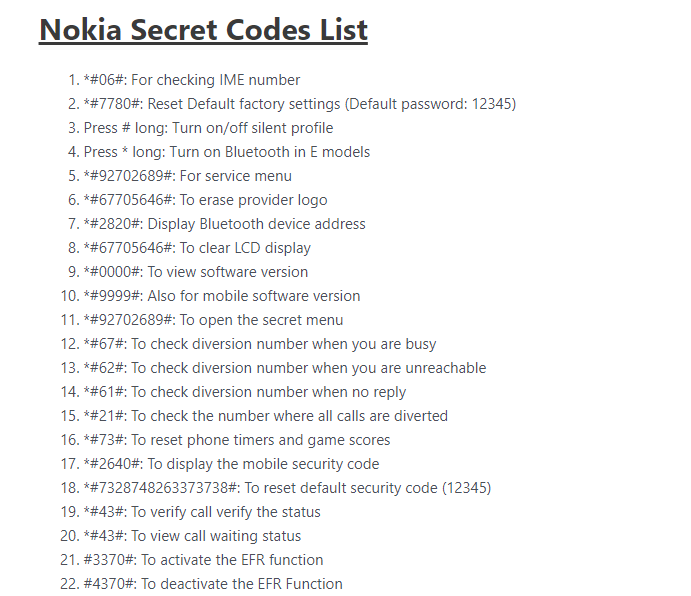 Nokia mobile dialing secret codes