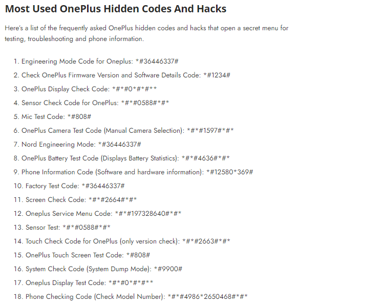 OnePlus mobile dialing secret codes - Secret codes