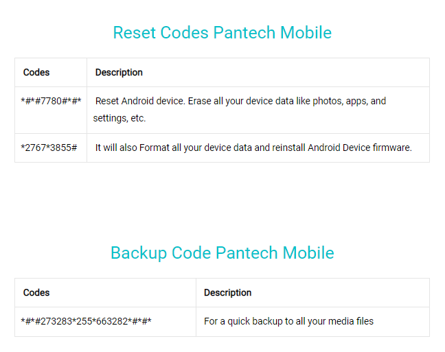 Pantech mobile dialing secret codes - reset and backup codes