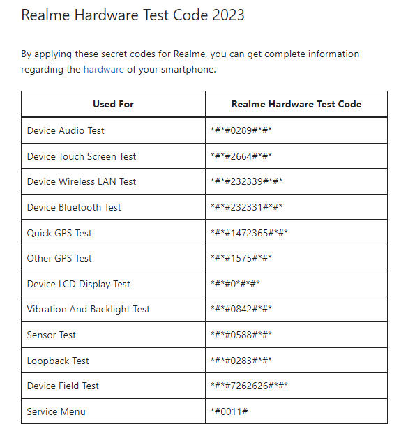 Realme Android secret code list - hard ware test