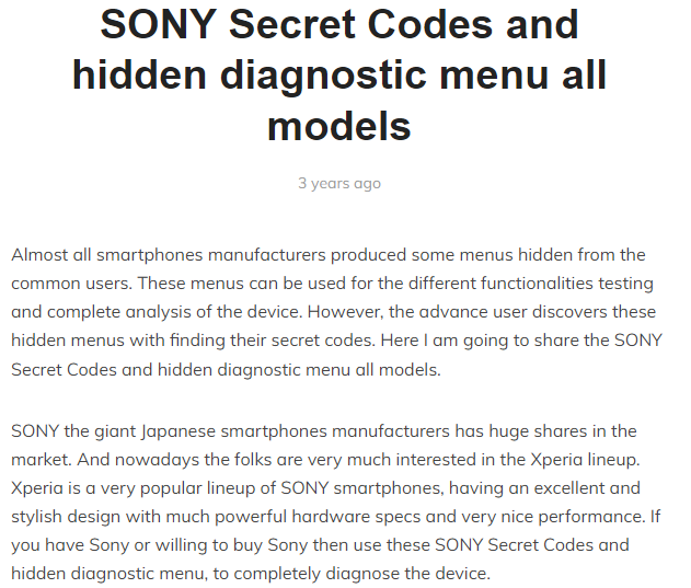 Sony all Android secret codes list