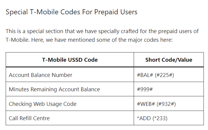 T-Mobile USSD codes - Special codes for prepaid users