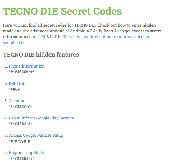 Tecno Android mobile secret codes