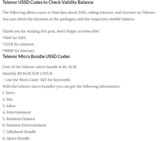 Telenor USSD codes list in Pakistan