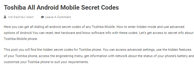 Toshiba all android mobile secret codes -