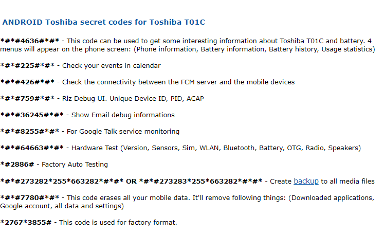 Toshiba all android mobile secret codes