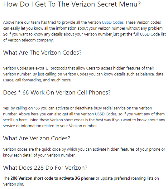 Verizon wireless new USSD codes list -