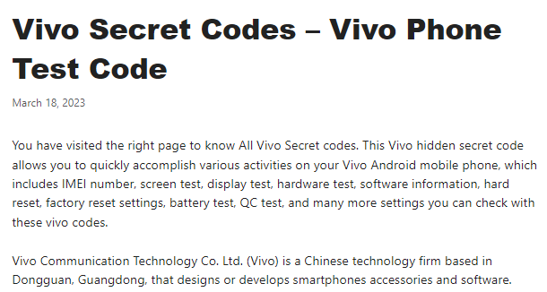 Vivo Android mobile secret code list
