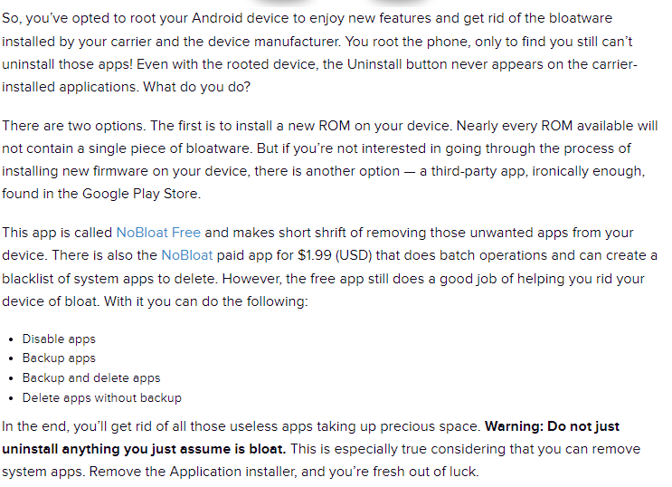 remove bloatware from a rooted Android device
