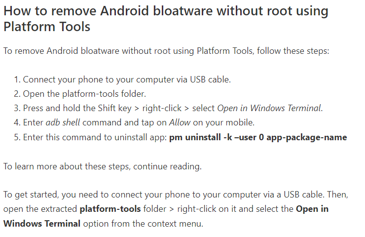 remove bloatware from an Android device without root -