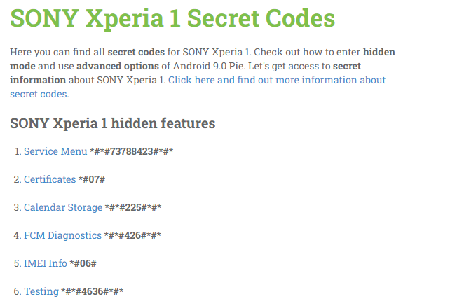 secret codes for Sony Xperia