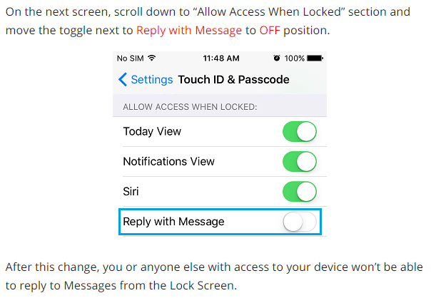 turn off lock screen message replies in iPhone - 2