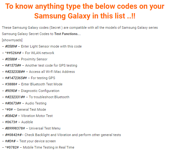 Samsung Galaxy Codes 