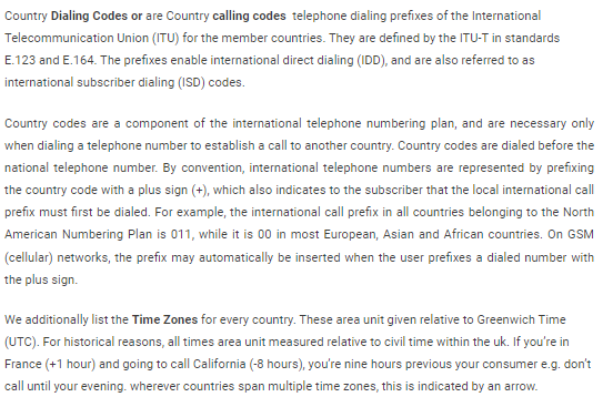 country calling codes with time zones