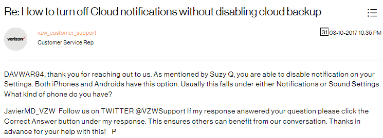 turn off Verizon cloud notifications