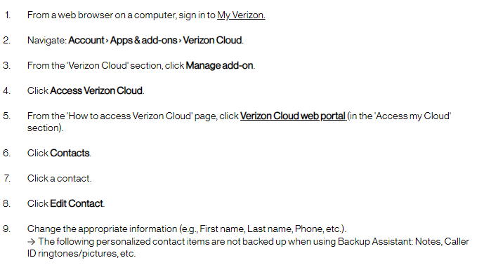 edit contacts in Verizon cloud 