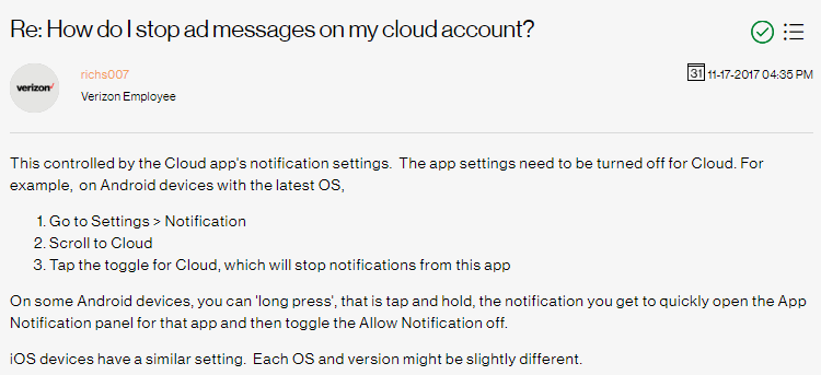 turn off Verizon cloud notifications