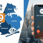 NYC map showing 929 area code location and a smartphone with an incoming 929 call.