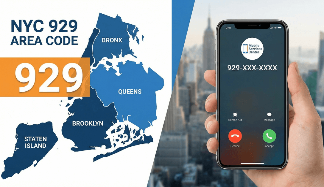 NYC map showing 929 area code location and a smartphone with an incoming 929 call.