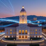 A night view of the illuminated Pasadena City Hall with fast-moving blue and white light trails symbolizing the speed and coverage of Spectrum Internet Pasadena.