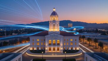 A night view of the illuminated Pasadena City Hall with fast-moving blue and white light trails symbolizing the speed and coverage of Spectrum Internet Pasadena.