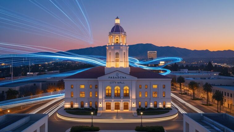 A night view of the illuminated Pasadena City Hall with fast-moving blue and white light trails symbolizing the speed and coverage of Spectrum Internet Pasadena.