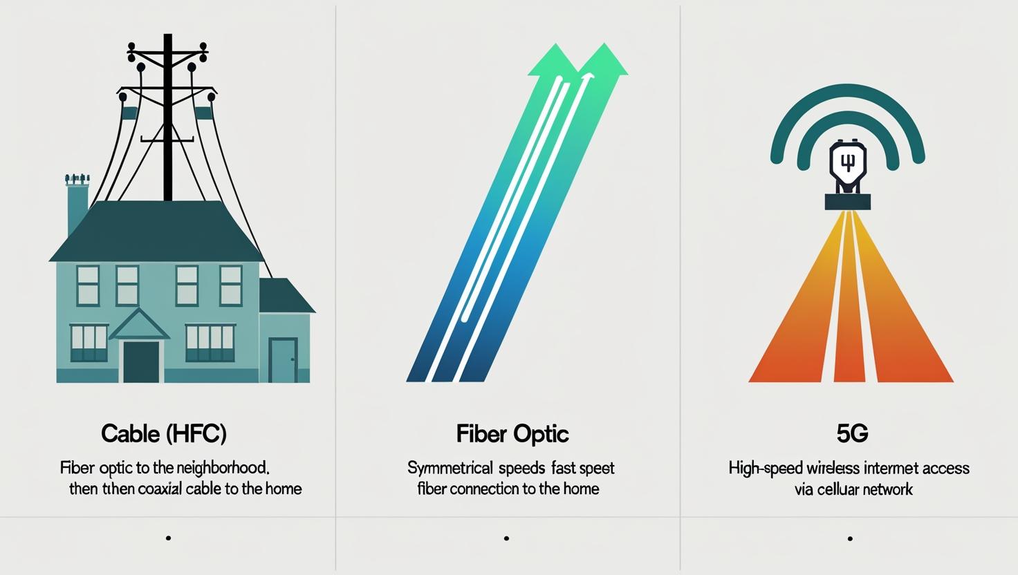 An infographic comparing Cable (HFC), Fiber Optic, and 5G internet technologies, showing how each one connects to the home.