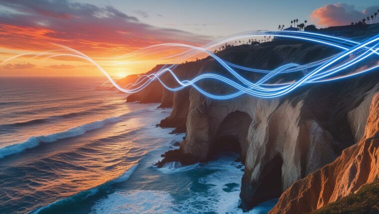 A dramatic sunset over the La Jolla, California sea caves and coastline, with flowing blue light trails symbolizing the seamless connectivity of Spectrum Internet La Jolla.