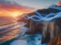 A dramatic sunset over the La Jolla, California sea caves and coastline, with flowing blue light trails symbolizing the seamless connectivity of Spectrum Internet La Jolla.