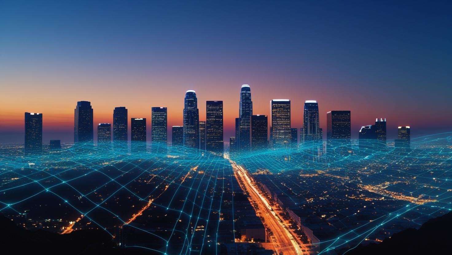 An overview of the Spectrum internet network coverage in Los Angeles, shown as glowing data lines over the city skyline at dusk.