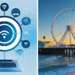 A composite image showing Wi-Fi and internet connectivity symbols over a laptop on the left, and the Santa Monica Pier in Los Angeles on the right.