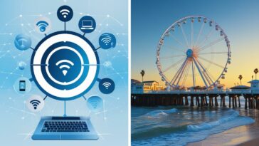 A composite image showing Wi-Fi and internet connectivity symbols over a laptop on the left, and the Santa Monica Pier in Los Angeles on the right.