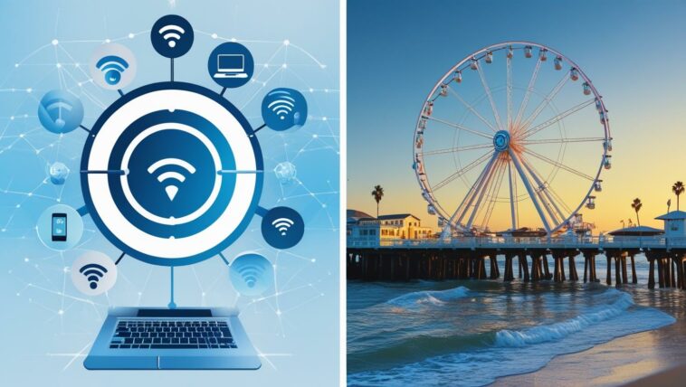 A composite image showing Wi-Fi and internet connectivity symbols over a laptop on the left, and the Santa Monica Pier in Los Angeles on the right.
