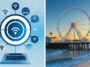 A composite image showing Wi-Fi and internet connectivity symbols over a laptop on the left, and the Santa Monica Pier in Los Angeles on the right.