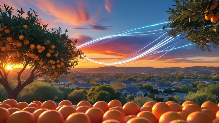 A golden hour view of a Riverside orange grove, with glowing blue and white light trails symbolizing the connectivity of Spectrum Internet Riverside CA to the homes in the background.