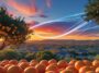 A golden hour view of a Riverside orange grove, with glowing blue and white light trails symbolizing the connectivity of Spectrum Internet Riverside CA to the homes in the background.
