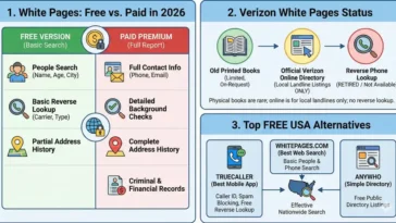 Comparison chart showing free vs paid White Pages features and Verizon online directory status