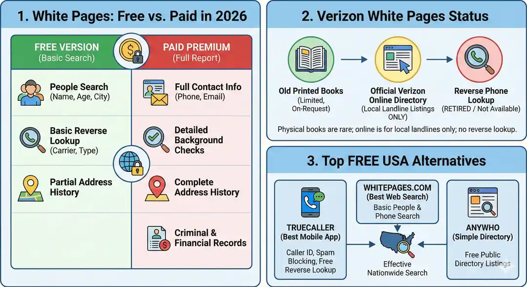 Comparison chart showing free vs paid White Pages features and Verizon online directory status