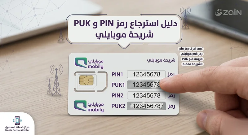 صورة مقربة للجهة الخلفية من البطاقة البلاستيكية لشريحة موبايلي توضح مكان طباعة رموز PIN1 و PUK1 تحت الطبقة القابلة للخدش.